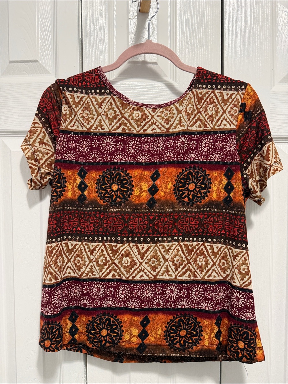 White Stag Short Sleeve Striped Boho Print Top - Burgundy, Mustard, Black